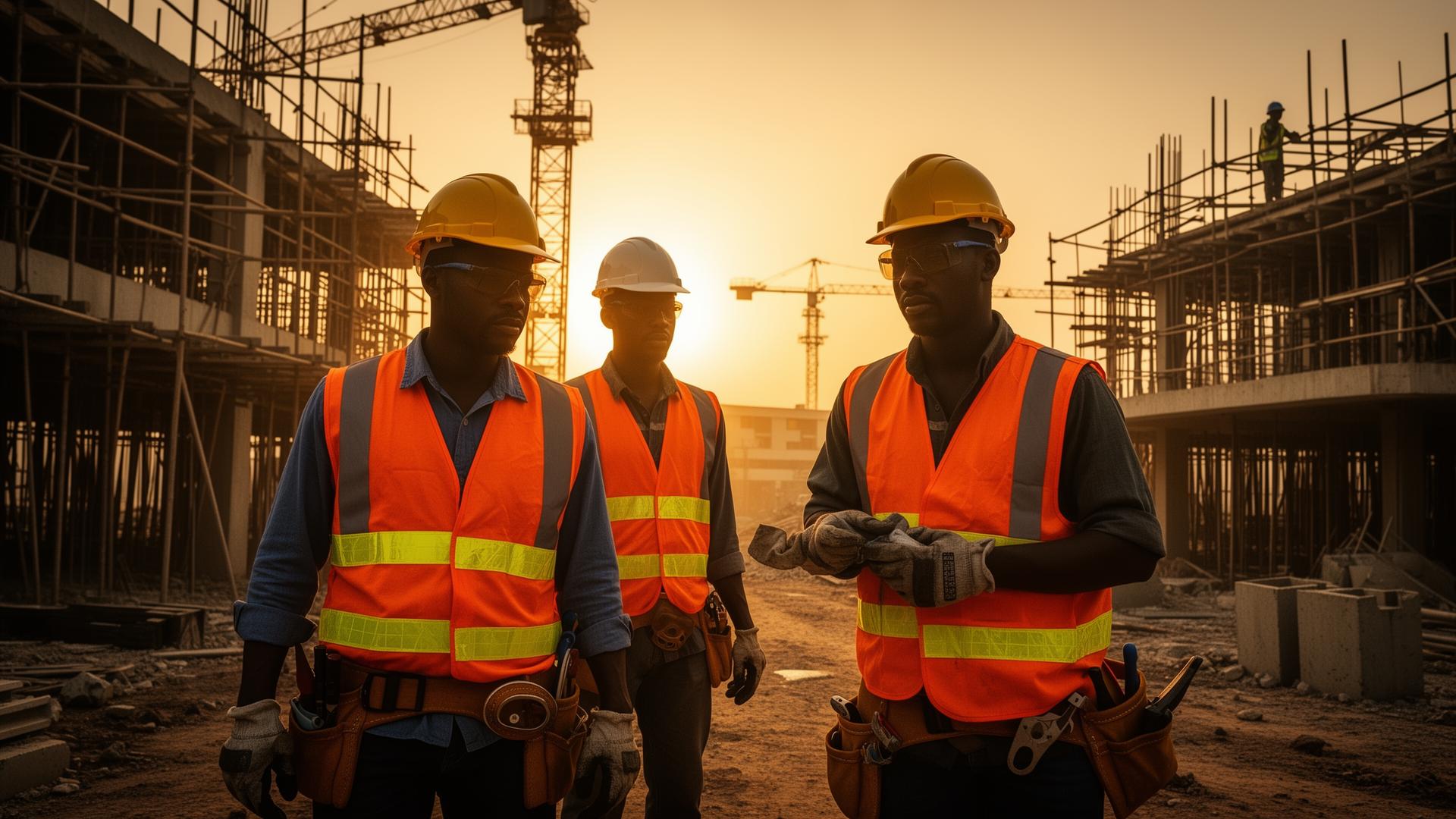Industrial safety workers in PPE on a construction site